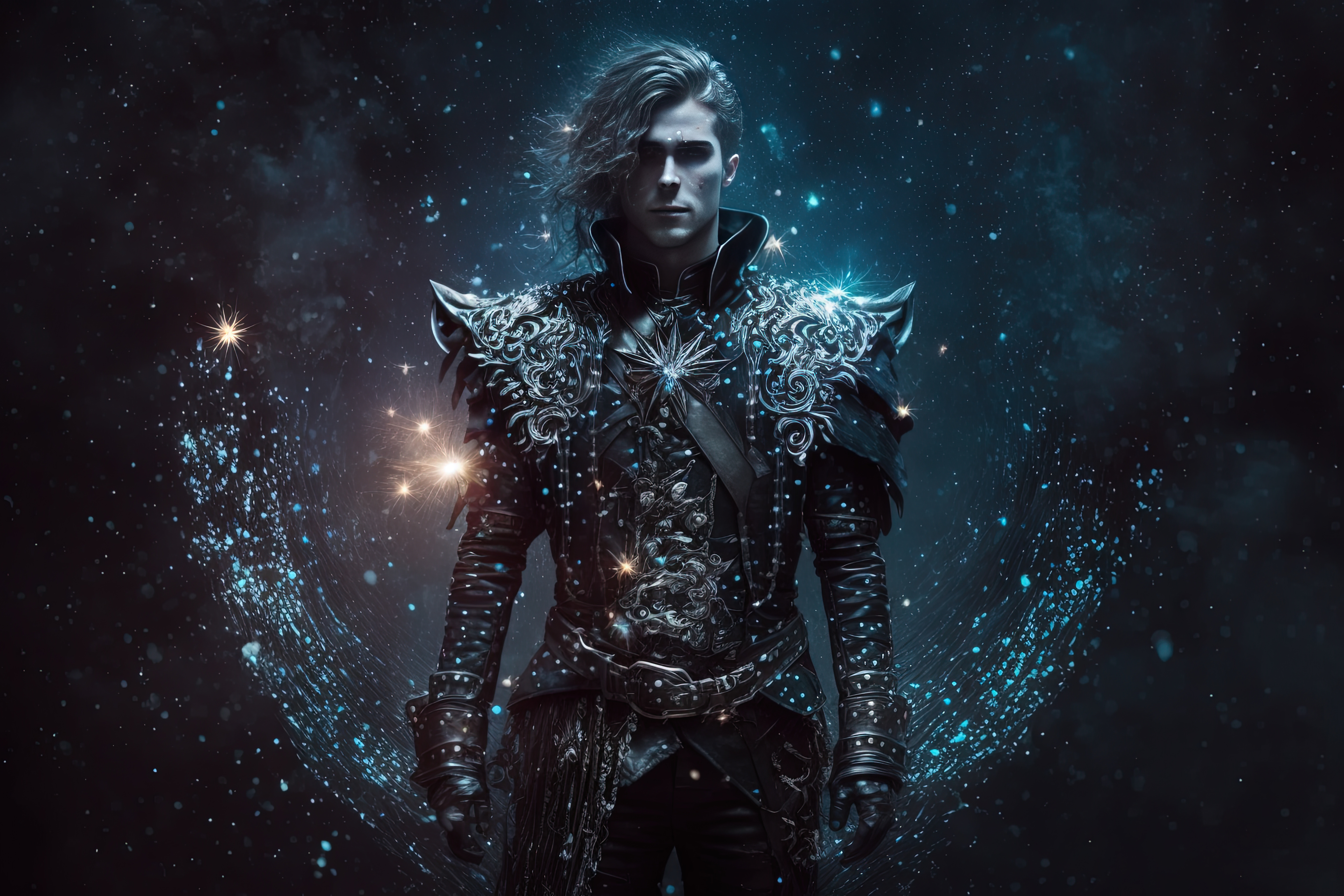 illustration fantasy portrait, a man in handsome gothic leather black jacket with glitter glow magic background, colour picture, Generative Ai