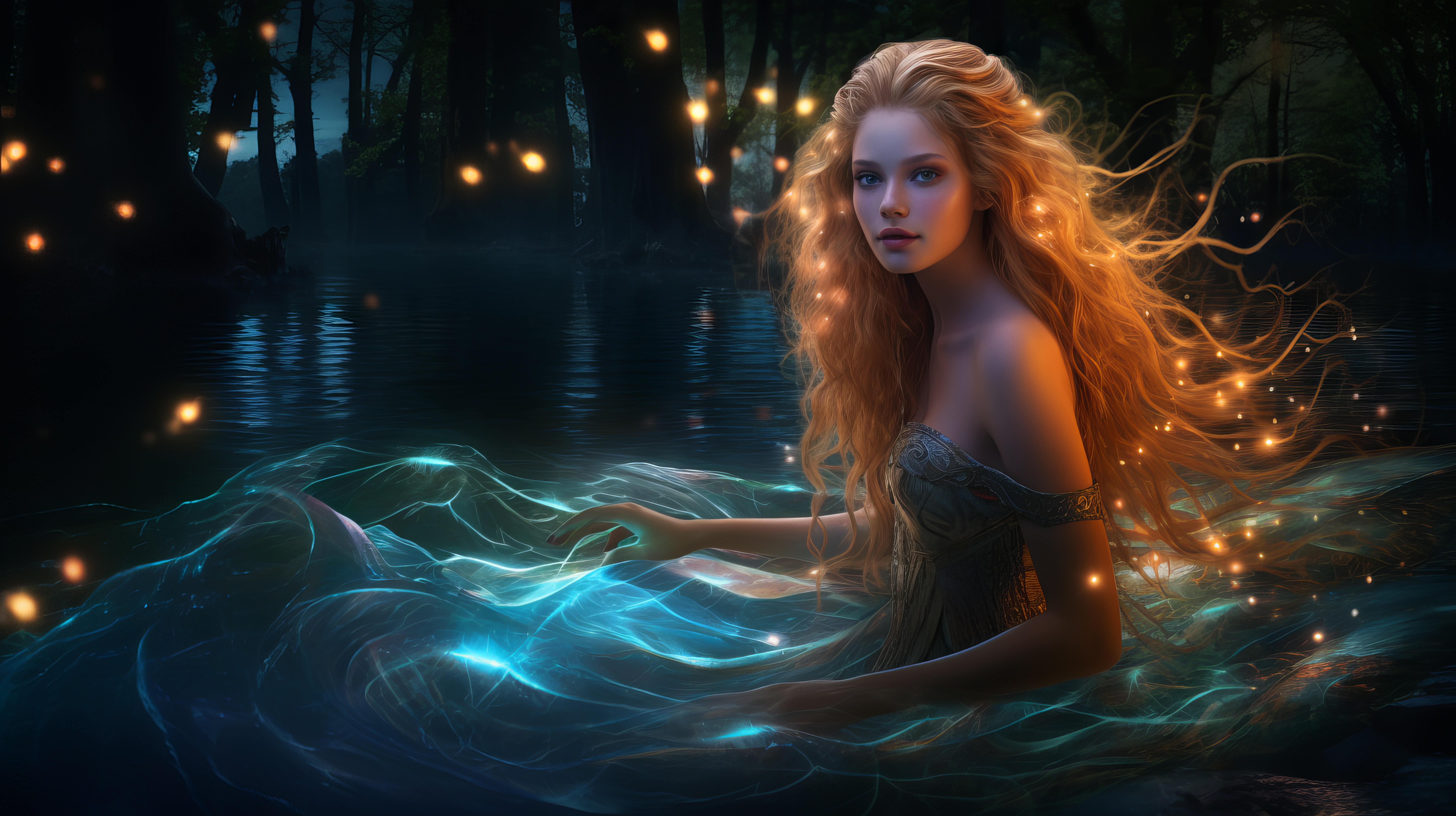 Fantasy woman, long wavy red hair, in an enchanted forest with glowing lights, nighttime, by a lake, colour picture.