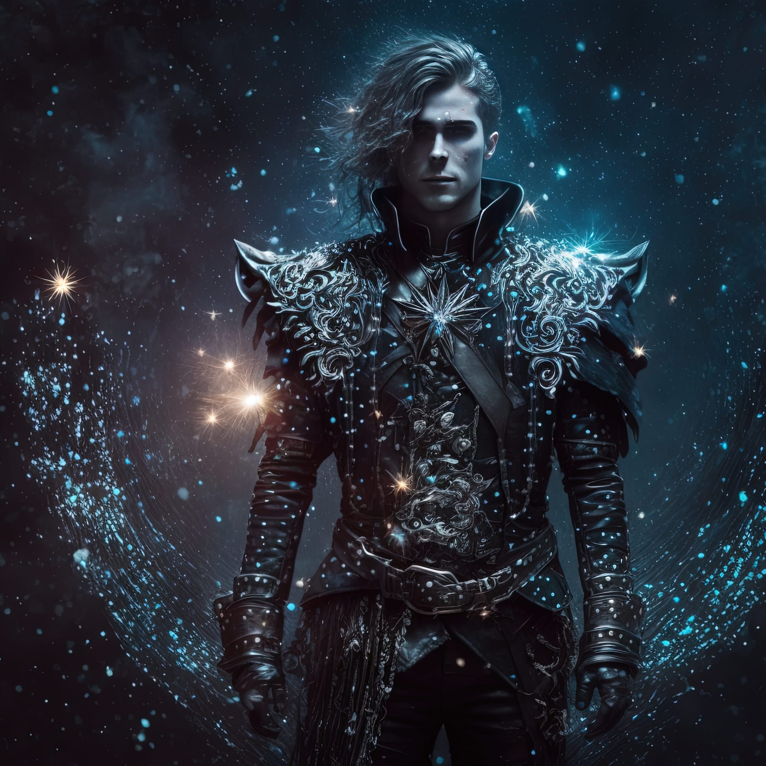 illustration fantasy portrait, a man in handsome gothic leather black jacket with glitter glow magic background, colour picture, Generative Ai