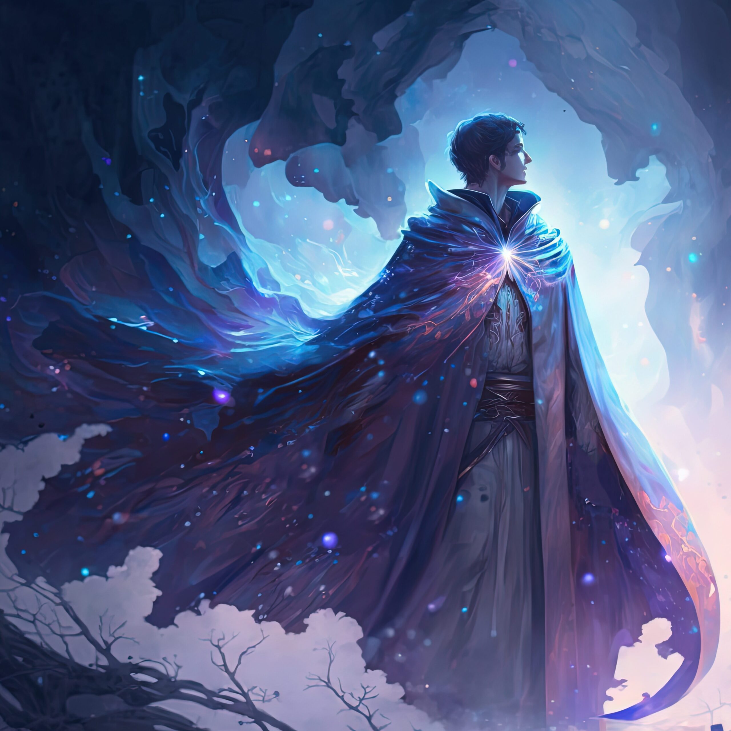 Illustration of ancient site, a man with magic power wearing a wide cloak, colour picture, Generative Ai