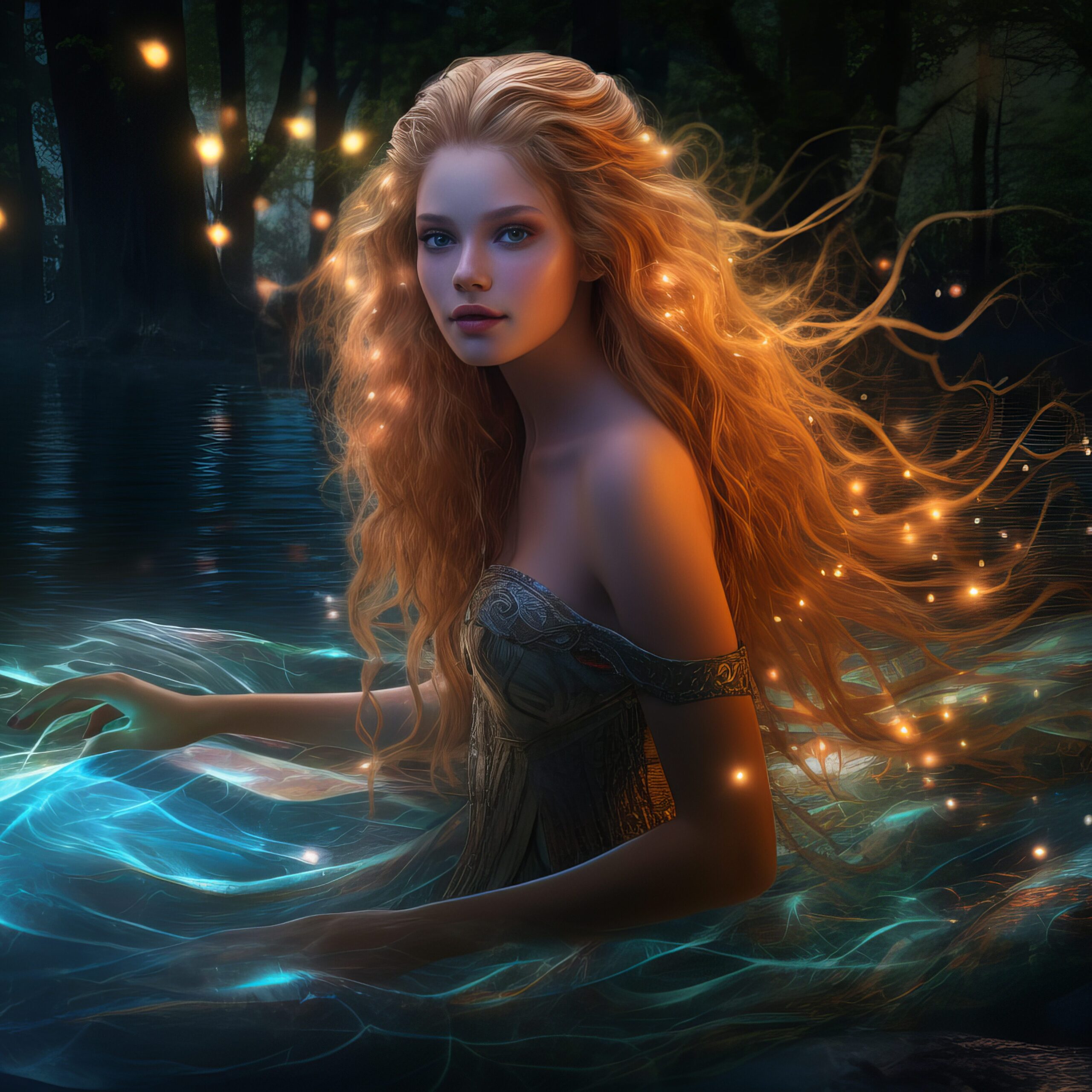 Fantasy woman, long wavy red hair, in an enchanted forest with glowing lights, nighttime, by a lake, colour picture.