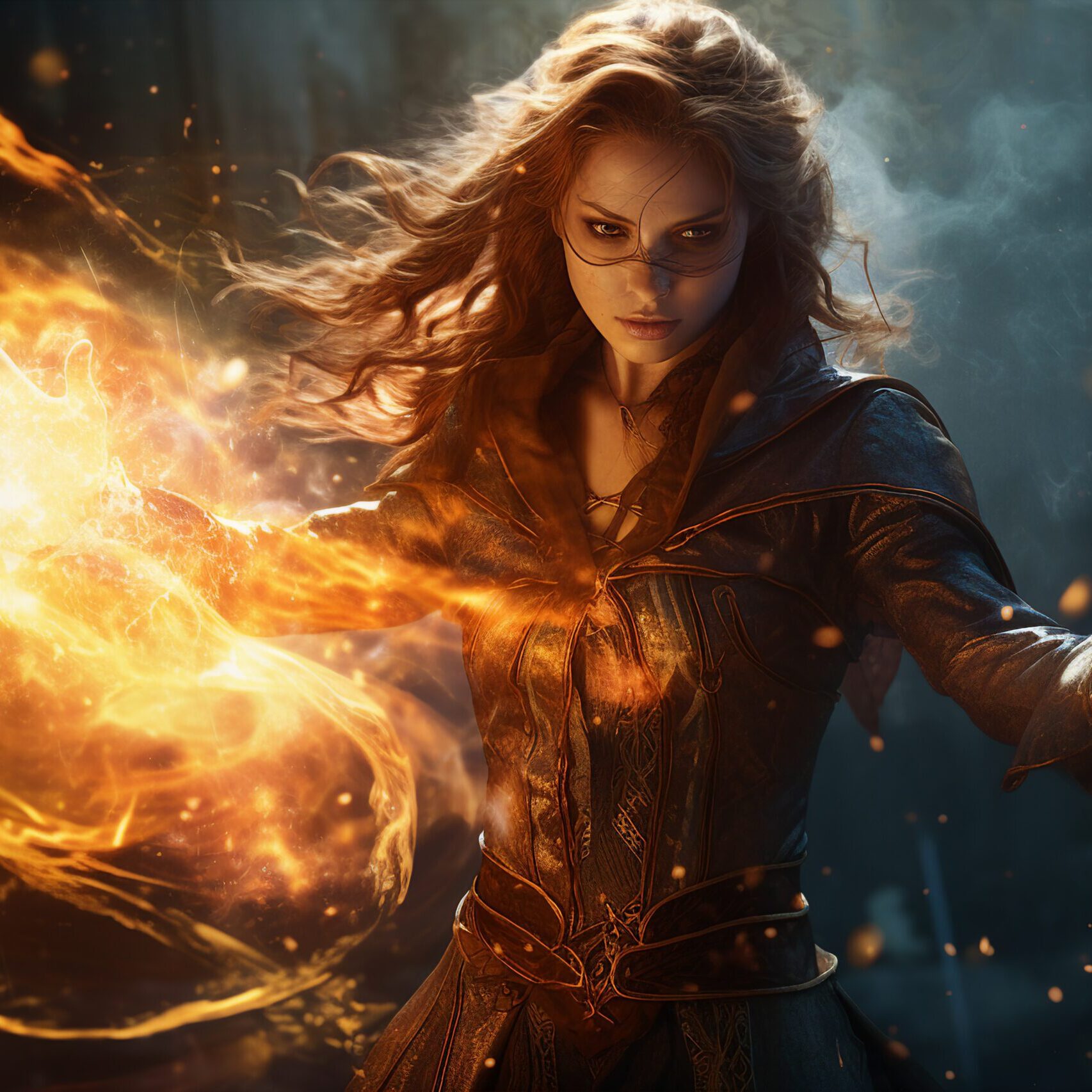 Generative ai collage photo of strong warrior woman fight with fire spell